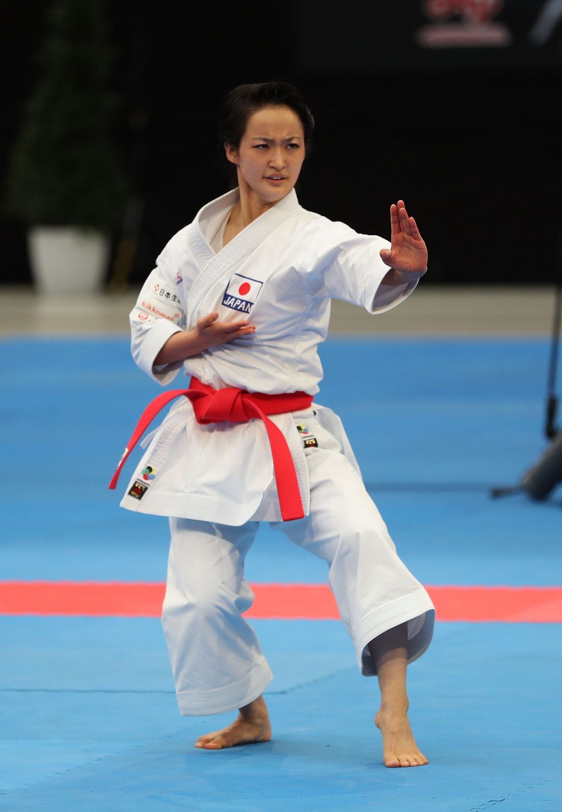 A karate athlete performing a kata at a tournament in Berlin